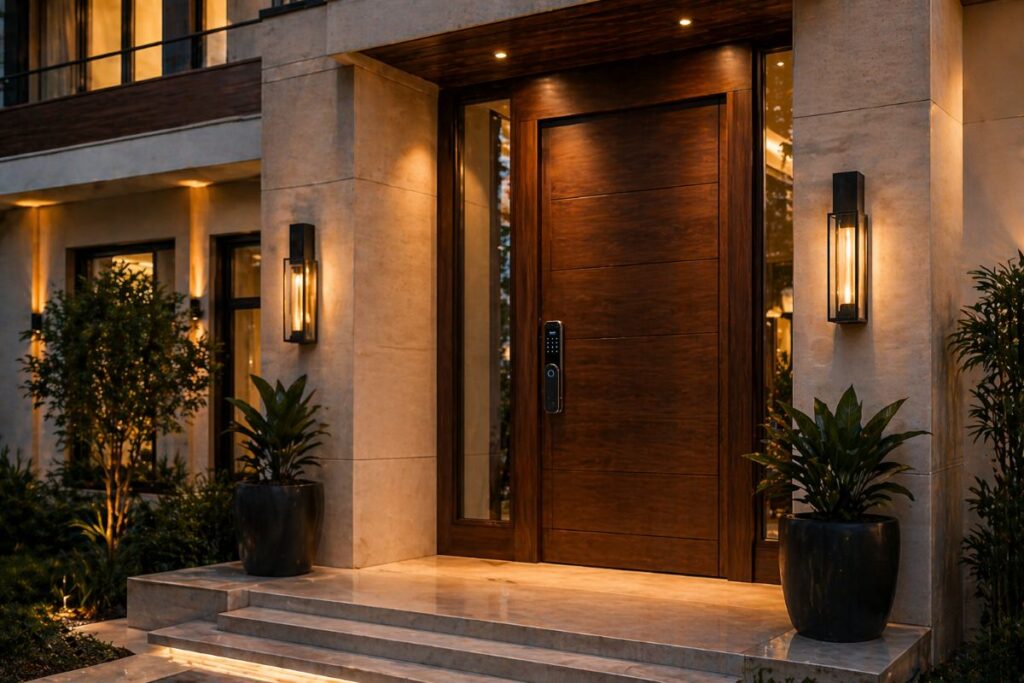 Luxury villa entrance with smart lock installed