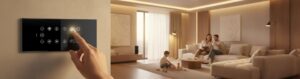 Smart home automation system in Indian living room with touch panel control