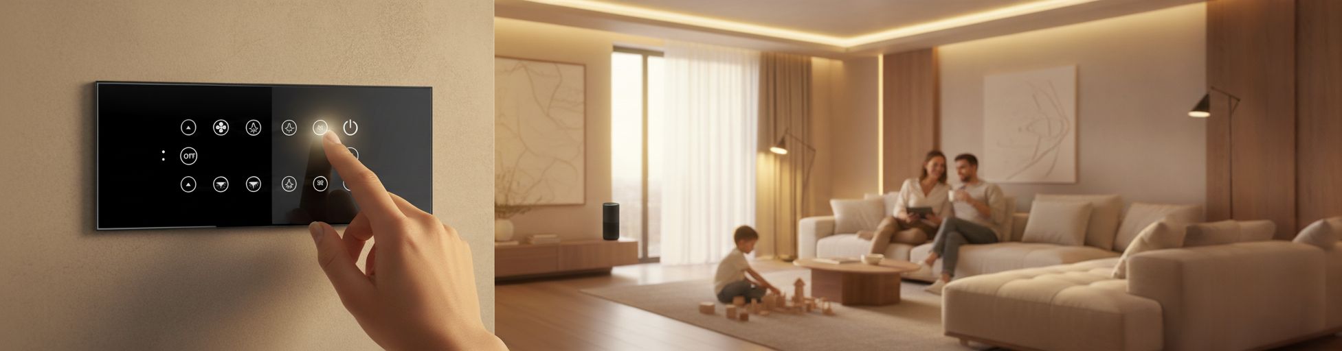 Smart home automation system in Indian living room with touch panel control