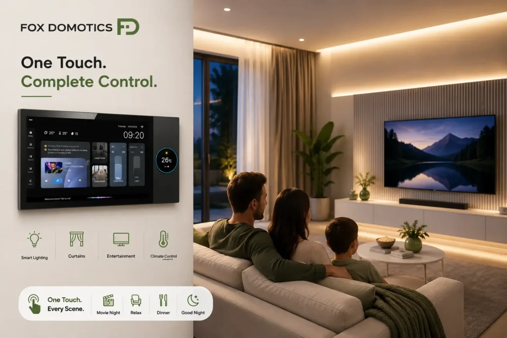Smart scene automation setup with synchronized TV, curtains, dim lighting, and Fox Domotics smart home control system.