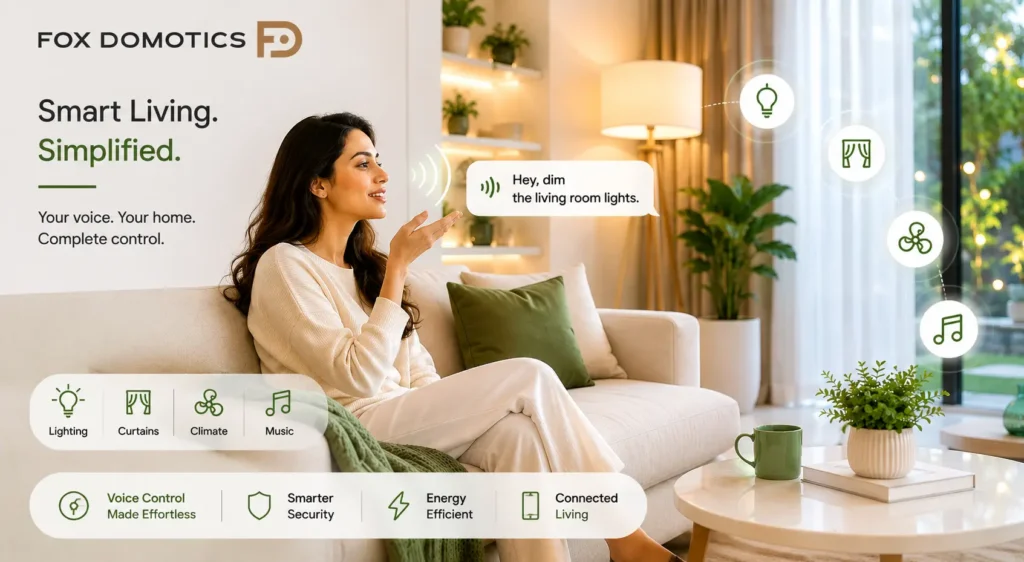 Woman using voice assistant control for smart home automation in a modern luxury living room by Fox Domotics.