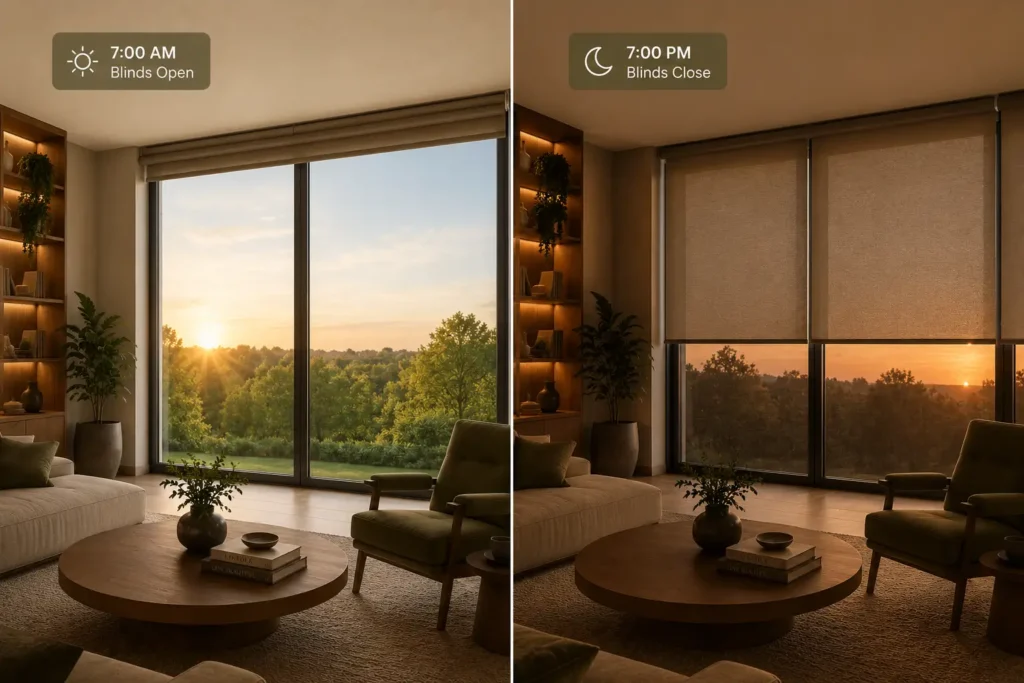 Automated roller blinds opening at sunrise and closing at sunset through smart scheduling