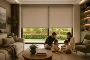 Cordless motorized blinds in a child-safe family living room with modern interiors