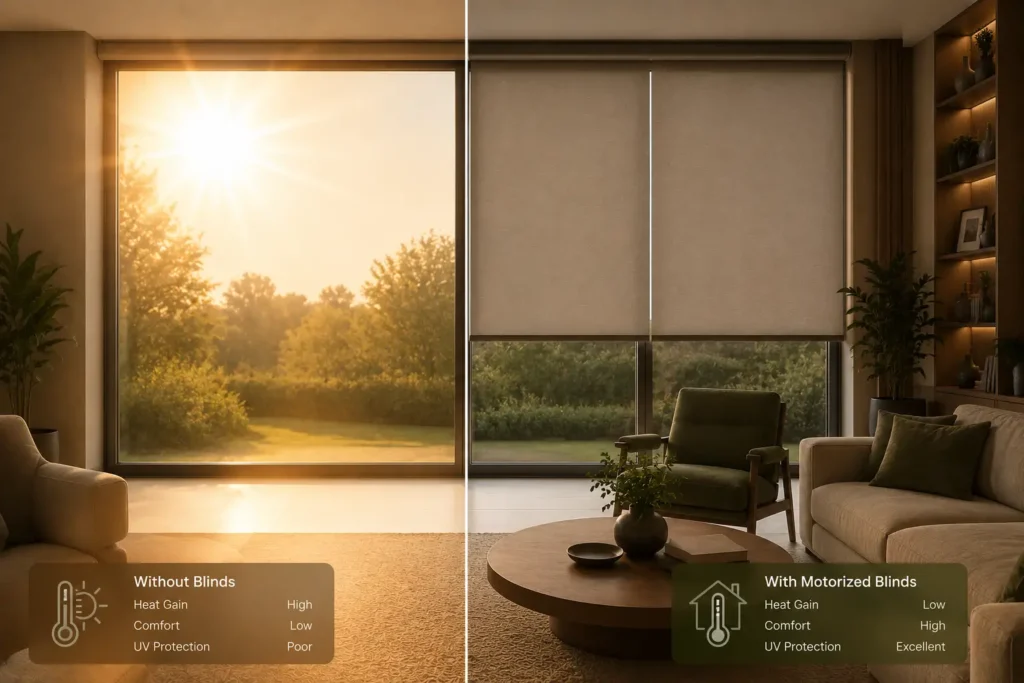 Motorized blinds reducing heat gain and improving indoor comfort in a modern home
