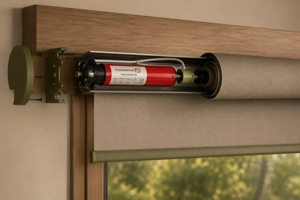 Exploded view of a Fox Domotics' tubular motor installed inside a motorized roller blind system