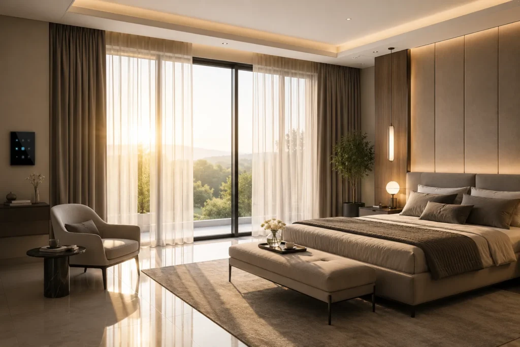 Luxury bedroom with automated curtain system