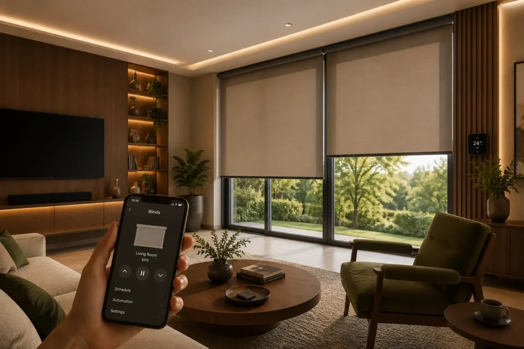 Motorized blinds controlled through a smartphone app in a smart home environment