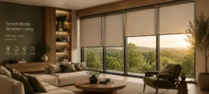 Luxury living room featuring smart motorized blinds with automated window control and natural light management