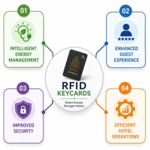 Benefits of Smart RFID Keycards for Hotels, including intelligent energy management, enhanced guest experience, improved security, and efficient hotel operations.