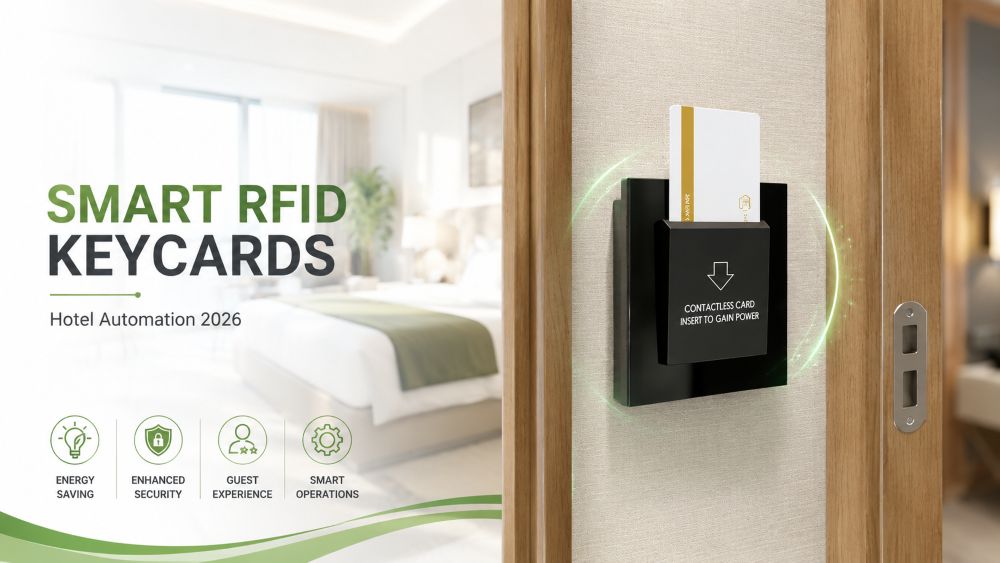 Smart RFID Keycards for Hotels with RFID keycard holder for secure hotel access and hotel automation.