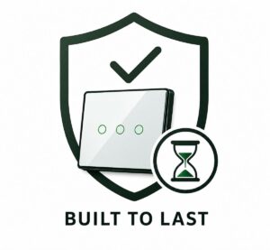 Icon representing the long-lasting durability of tempered glass smart touch switches with a shield and quality symbol.