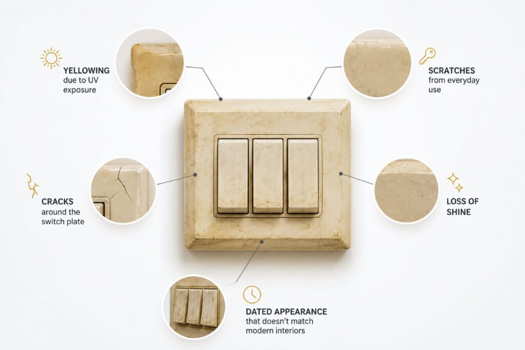 Infographic showing common problems with traditional plastic switches, including yellowing due to UV exposure, scratches, cracks, loss of shine, and an outdated appearance.