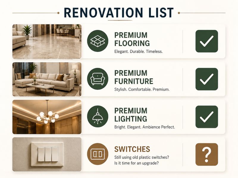 Dream home renovation checklist showing premium flooring, furniture, lighting, and unanswered choice of tempered glass switches for a modern home.