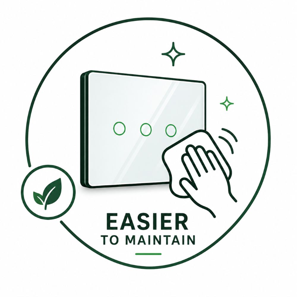 Icon showing a hand cleaning a tempered glass smart touch switch, representing easy maintenance and a stain-resistant surface.