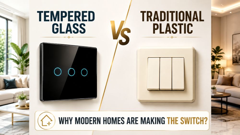 Comparison of tempered glass smart touch switch and traditional plastic switch in a modern home interior, highlighting why homeowners are upgrading to premium glass switches.